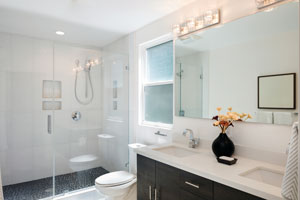 Inside of clean modern bathroom. D & F Plumbing provides quality bathroom drain cleaning in Portland OR and Vancouver WA.