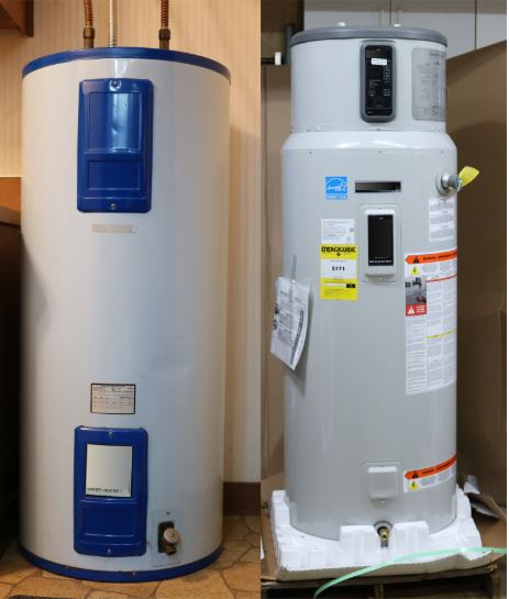 Traditional water heater next to electric water heater. D&F Plumbing talks about upgrading a 40-year-old water heater with instant results!