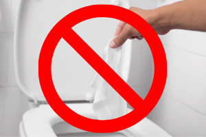 Person tossing flushable wipe down the toilet. D&F Plumbing, Heating and Cooling serving Portland OR & Vancouver WA debunks the top plumbing myths.