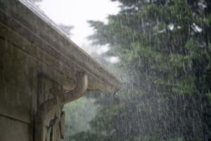 A rainstorm soaks the roof of a house and a tree