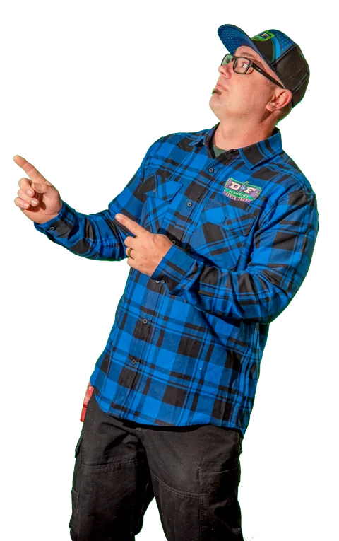 D&F plumber in the signature plaid shirt, pointing
